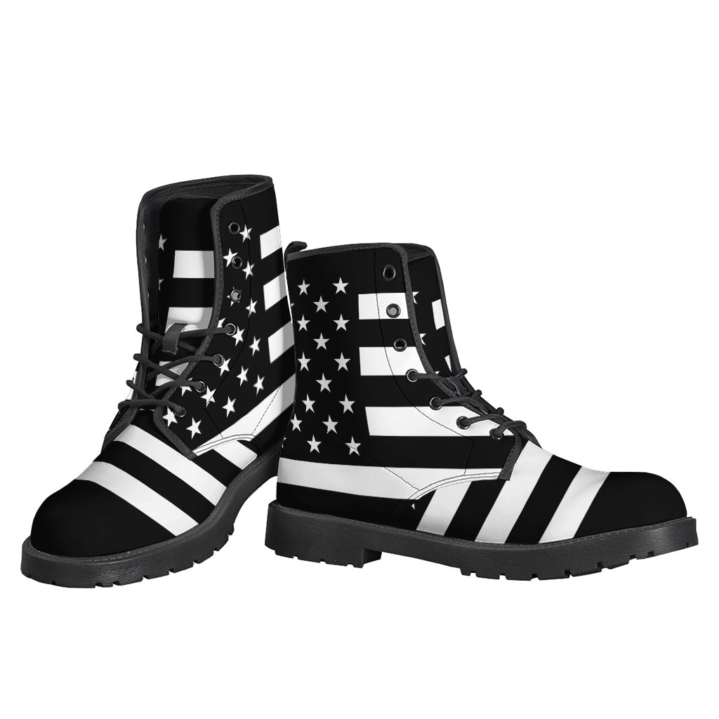 Groovy and Stylish: Black American Flag Print Leather Lightweight Boots for Hippies - 3