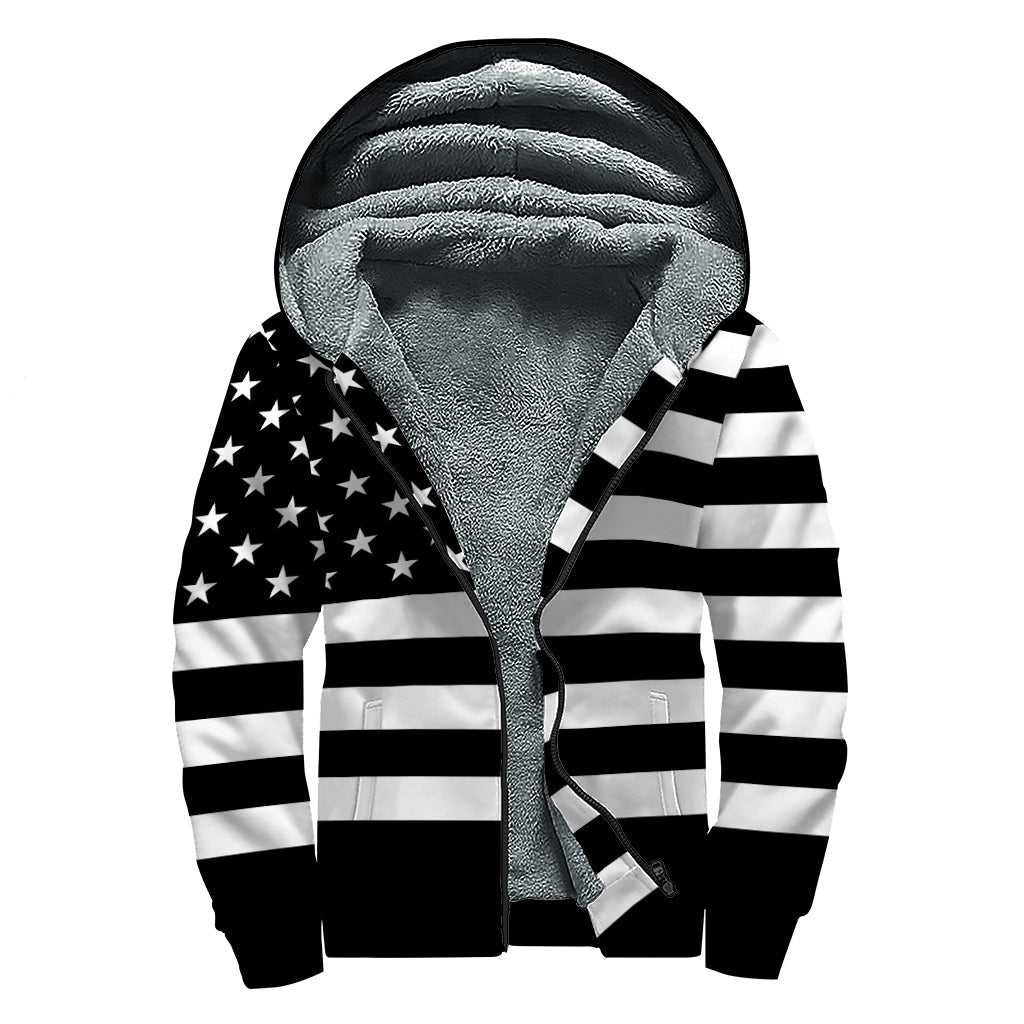 Black American Flag Print Hippie Sherpa Lined Zip Up Hoodie - 1