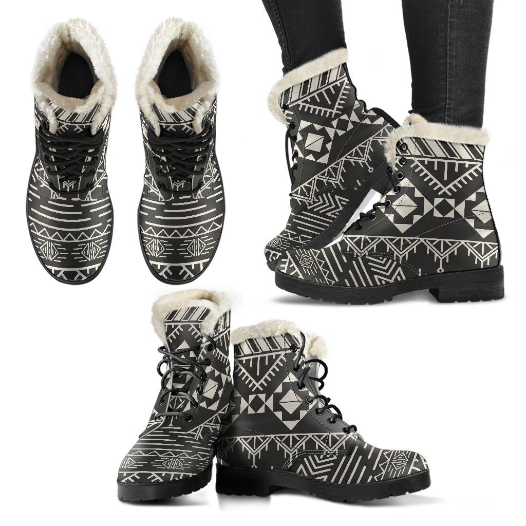 Black and Beige Aztec Faux Fur Leather Boots for Your Hippie Vibe - 2