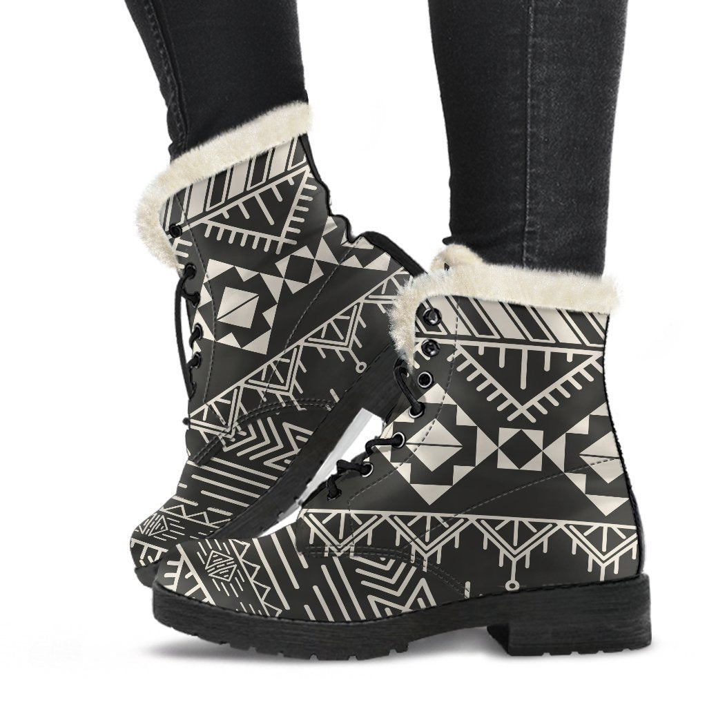 Black and Beige Aztec Faux Fur Leather Boots for Your Hippie Vibe - 1