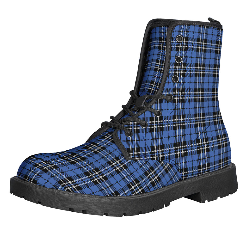 Groovy Black and Blue Tartan Pattern Leather Boots for the Free-Spirited Hippies - 1