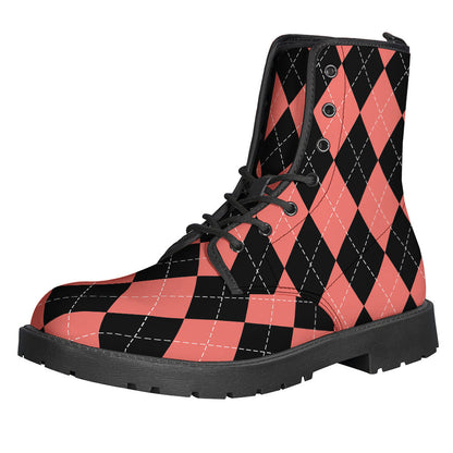 Groovy Black and Coral Argyle Pattern Leather Boots for the Free-Spirited Hippie - 1