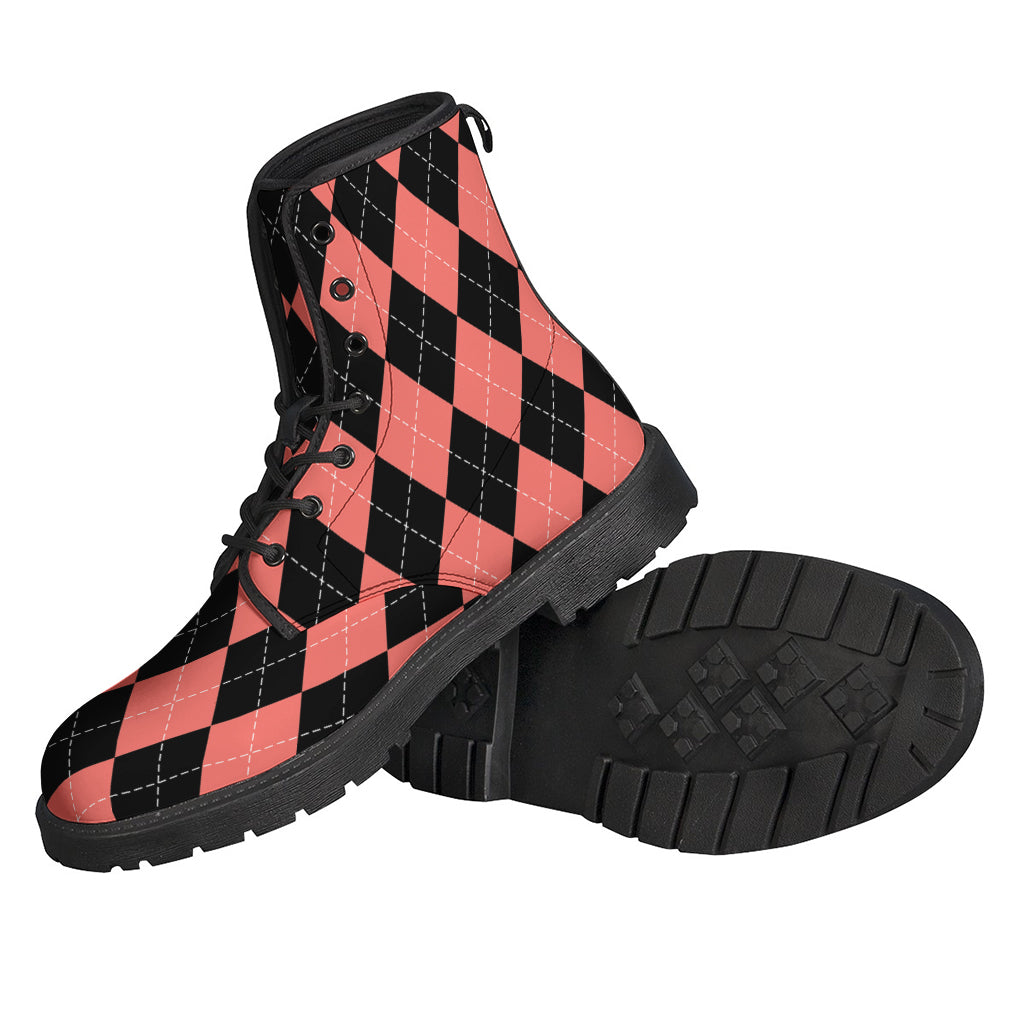 Groovy Black and Coral Argyle Pattern Leather Boots for the Free-Spirited Hippie - 2