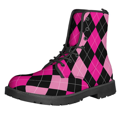 Boho Vibes: Black and Deep Pink Argyle Leather Boots for Hippies - 1