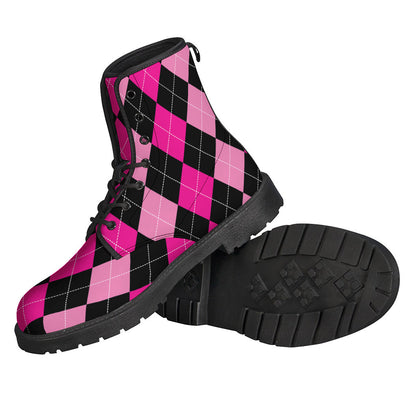 Boho Vibes: Black and Deep Pink Argyle Leather Boots for Hippies - 2