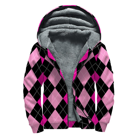 Boho Chic: Black and Deep Pink Argyle Sherpa Lined Zip Up Hoodie - 1