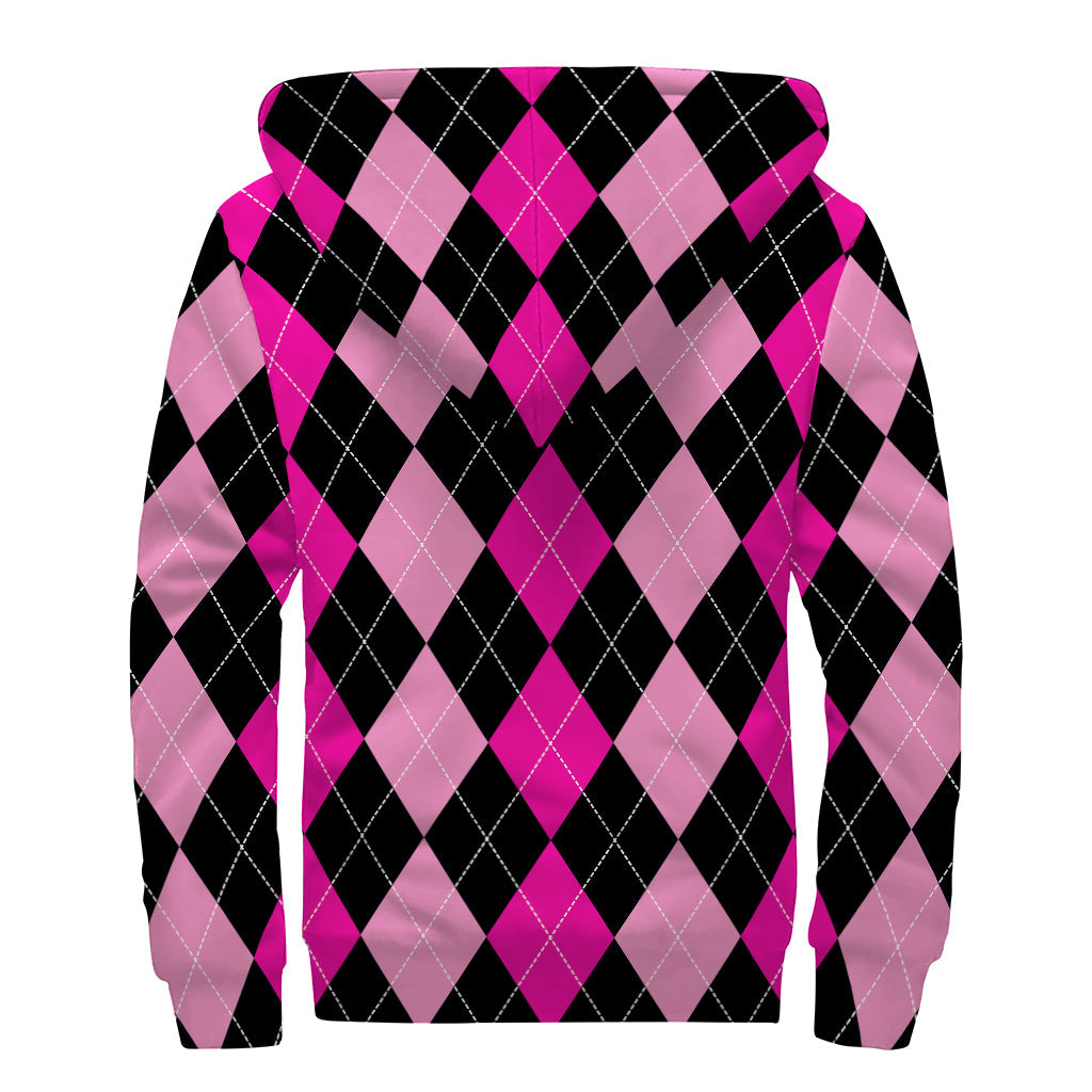 Boho Chic: Black and Deep Pink Argyle Sherpa Lined Zip Up Hoodie - 2