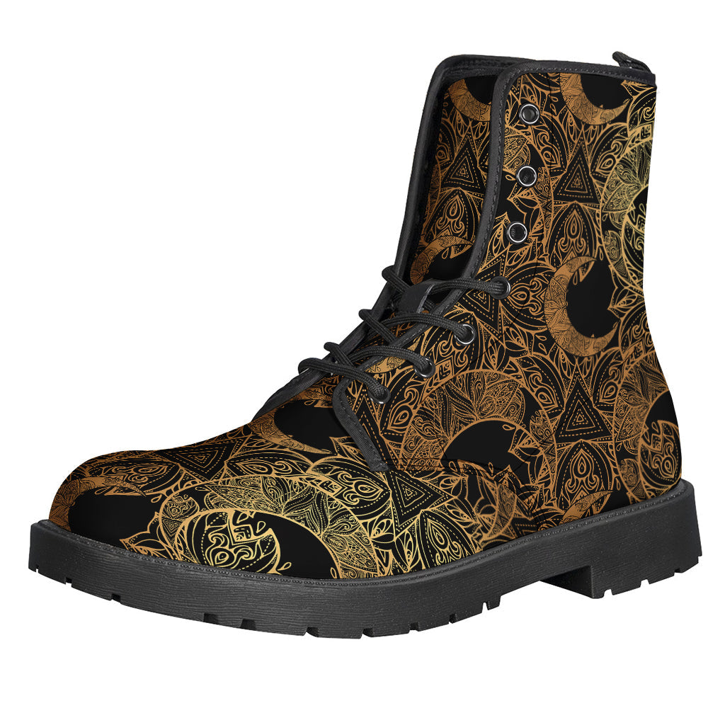 Black and Gold Celestial Pattern Leather Lightweight Boots - Embrace Your Inner Hippie Style! - 1