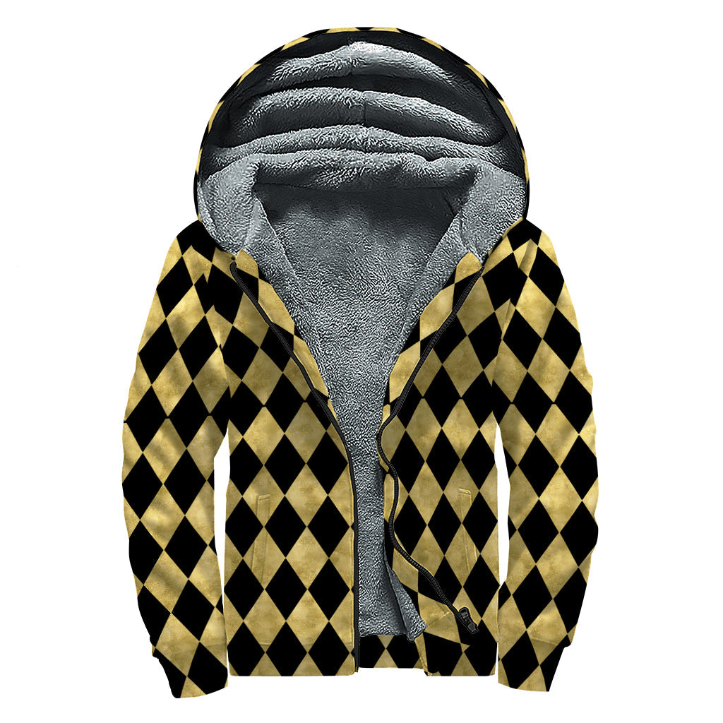 Black and Gold Harlequin Sherpa Lined Zip Up Hoodie for Groovy Hippies - 1