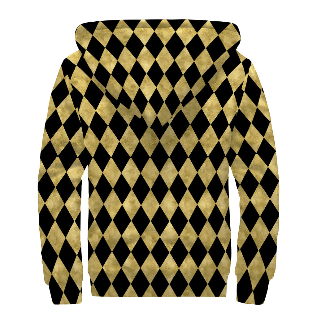 Black and Gold Harlequin Sherpa Lined Zip Up Hoodie for Groovy Hippies - 2