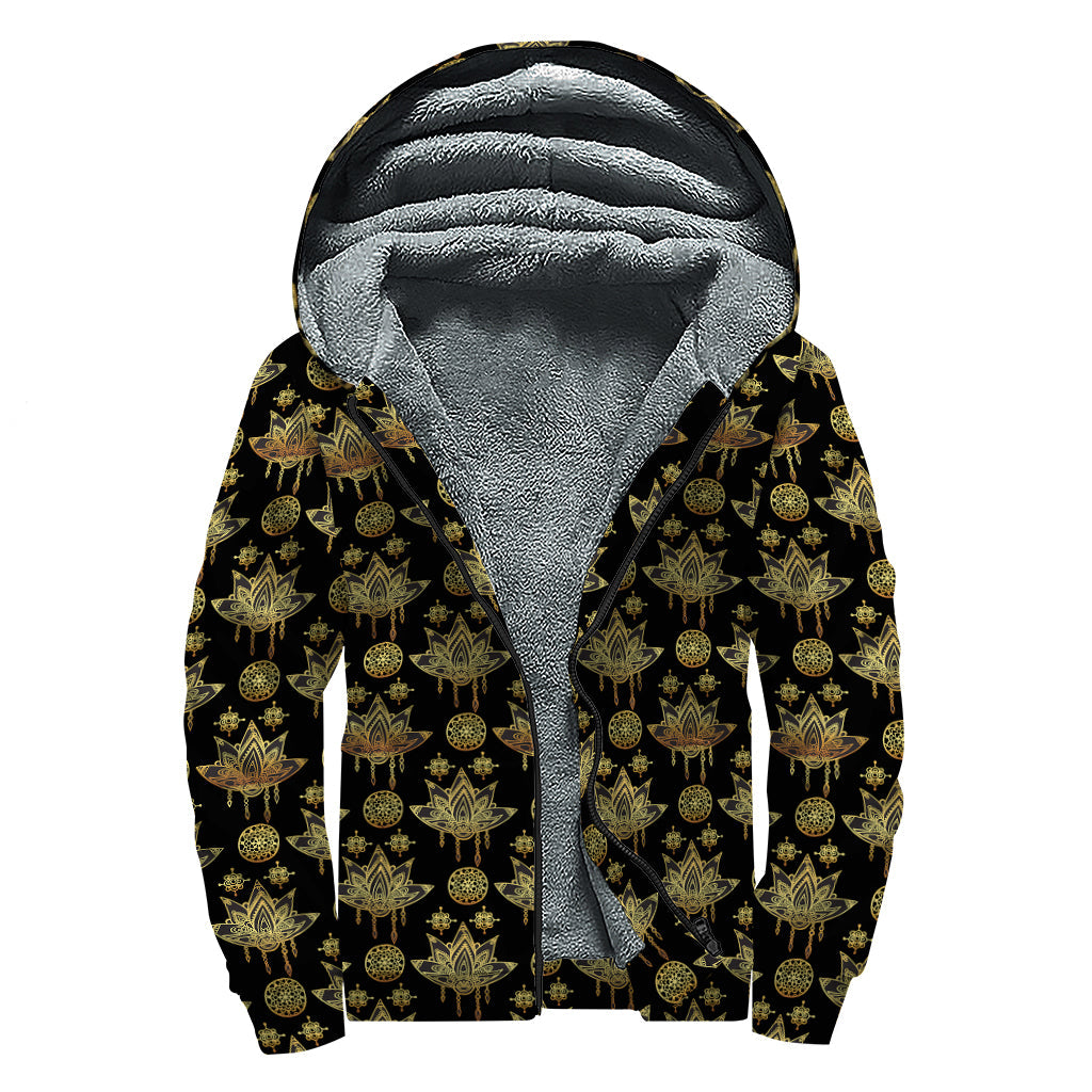 Black and Gold Lotus Flower Print Sherpa Lined Zip Up Hoodie: Cozy Hippie Style for the Free Spirits - 1