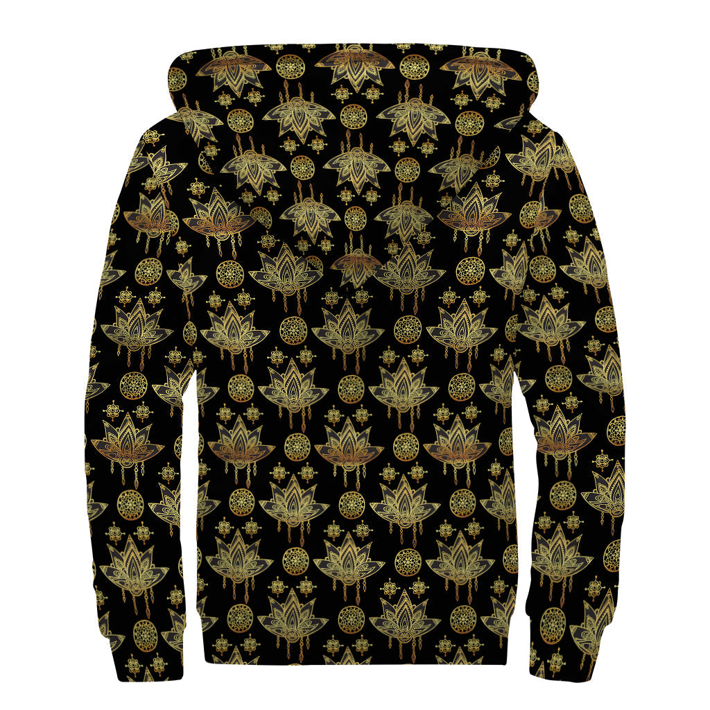 Black and Gold Lotus Flower Print Sherpa Lined Zip Up Hoodie: Cozy Hippie Style for the Free Spirits - 2