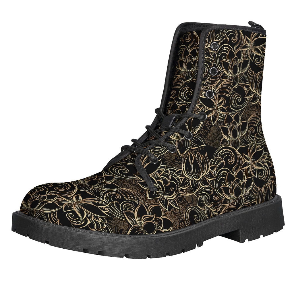 Black and Gold Lotus Pattern Leather Boots for the Free-Spirited Hippie Soul - 1