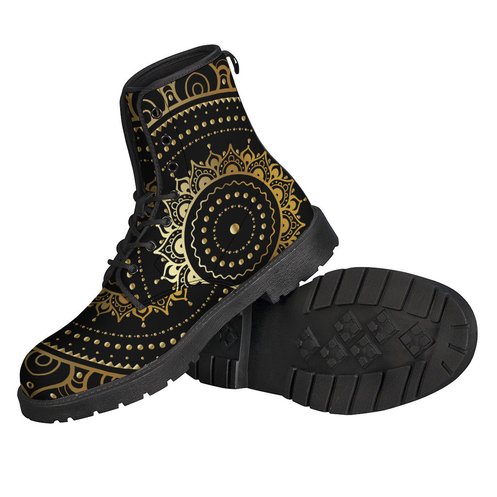 Boho Chic: Black and Gold Mandala Print Leather Boots for Modern Hippies - 2