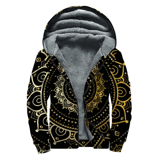 Black and Gold Mandala Print Sherpa Lined Zip Up Hoodie: Embrace Your Inner Hippie - 1