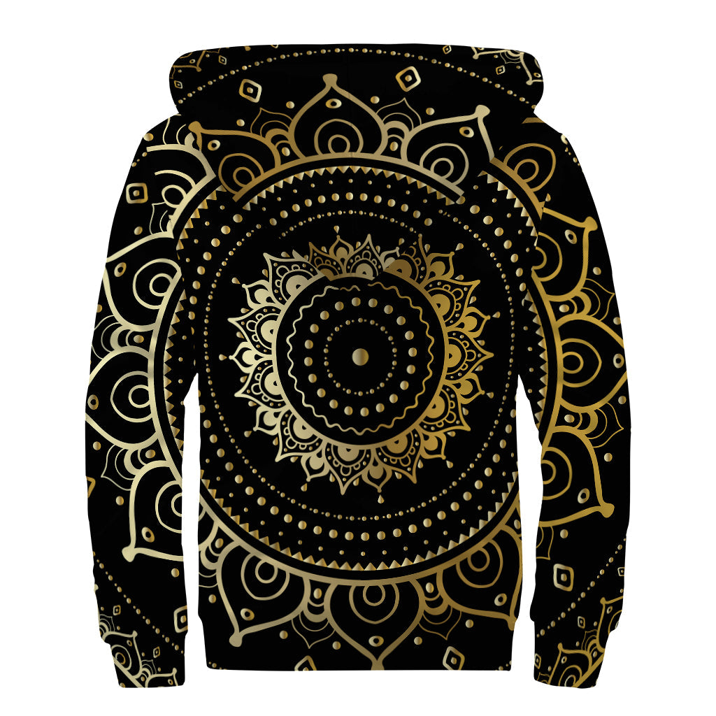 Black and Gold Mandala Print Sherpa Lined Zip Up Hoodie: Embrace Your Inner Hippie - 2