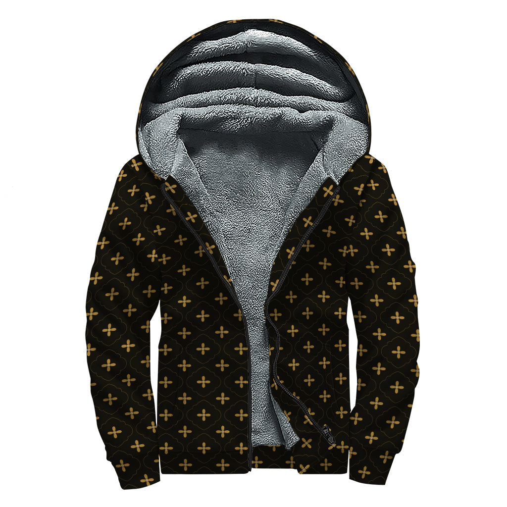 Black and Gold Orthodox Pattern Sherpa-Lined Hoodie for Hippie Chic - 1