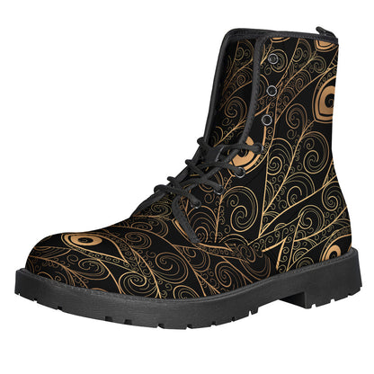 Black and Gold Peacock Feather Print Leather Hippie Boots - 1