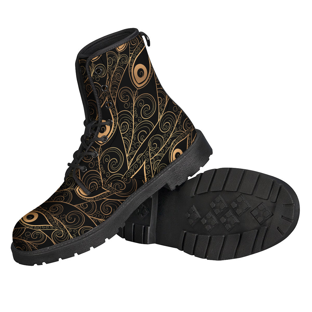 Black and Gold Peacock Feather Print Leather Hippie Boots - 2