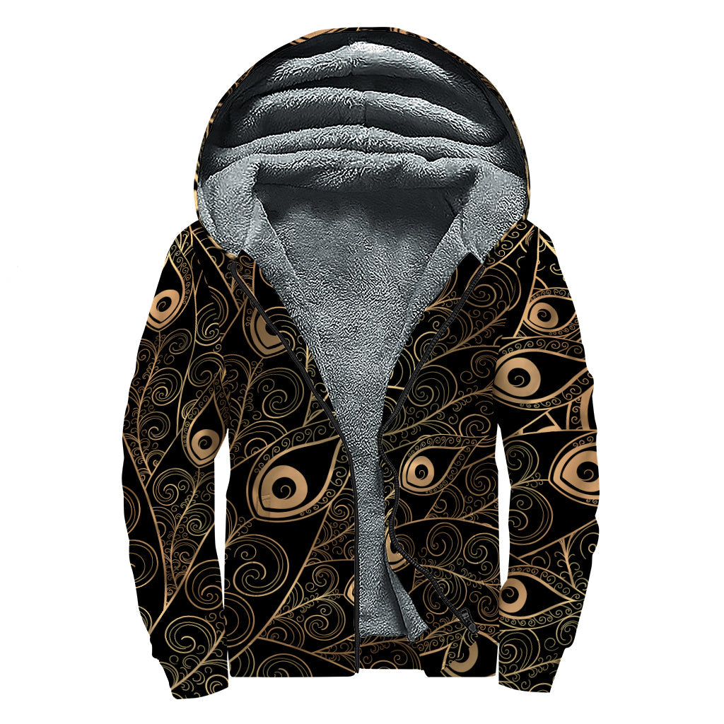 Black and Gold Peacock Feather Print Sherpa Lined Zip Up Hoodie for the Modern Hippie - 1