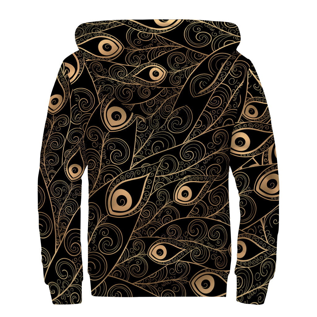 Black and Gold Peacock Feather Print Sherpa Lined Zip Up Hoodie for the Modern Hippie - 2