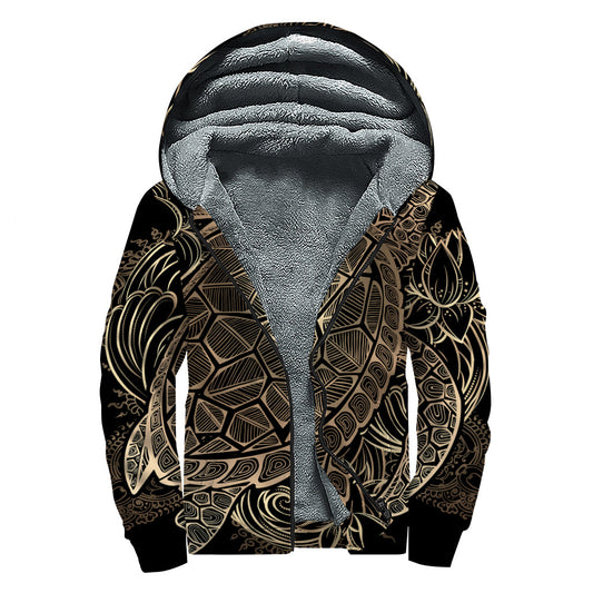 Black and Gold Sea Turtle Print Sherpa Lined Hippie Hoodie - 1