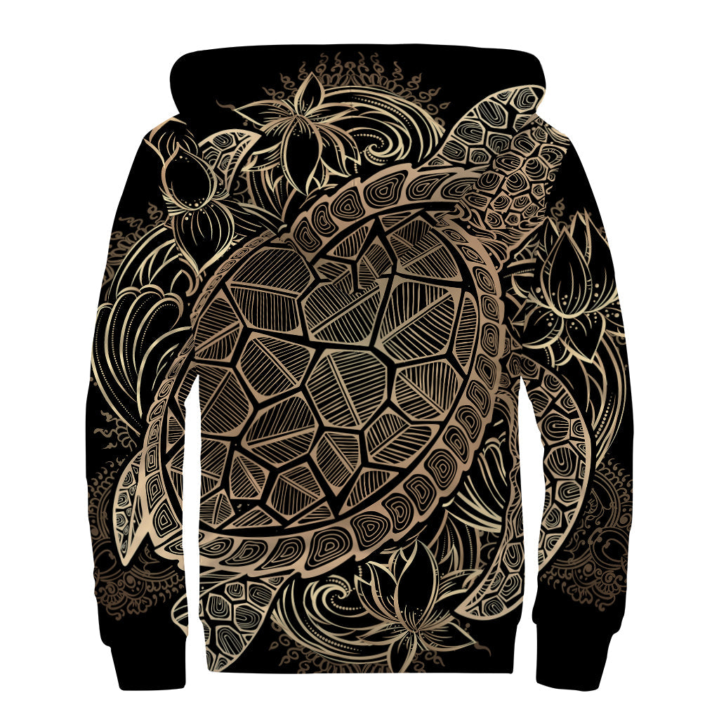 Black and Gold Sea Turtle Print Sherpa Lined Hippie Hoodie - 2