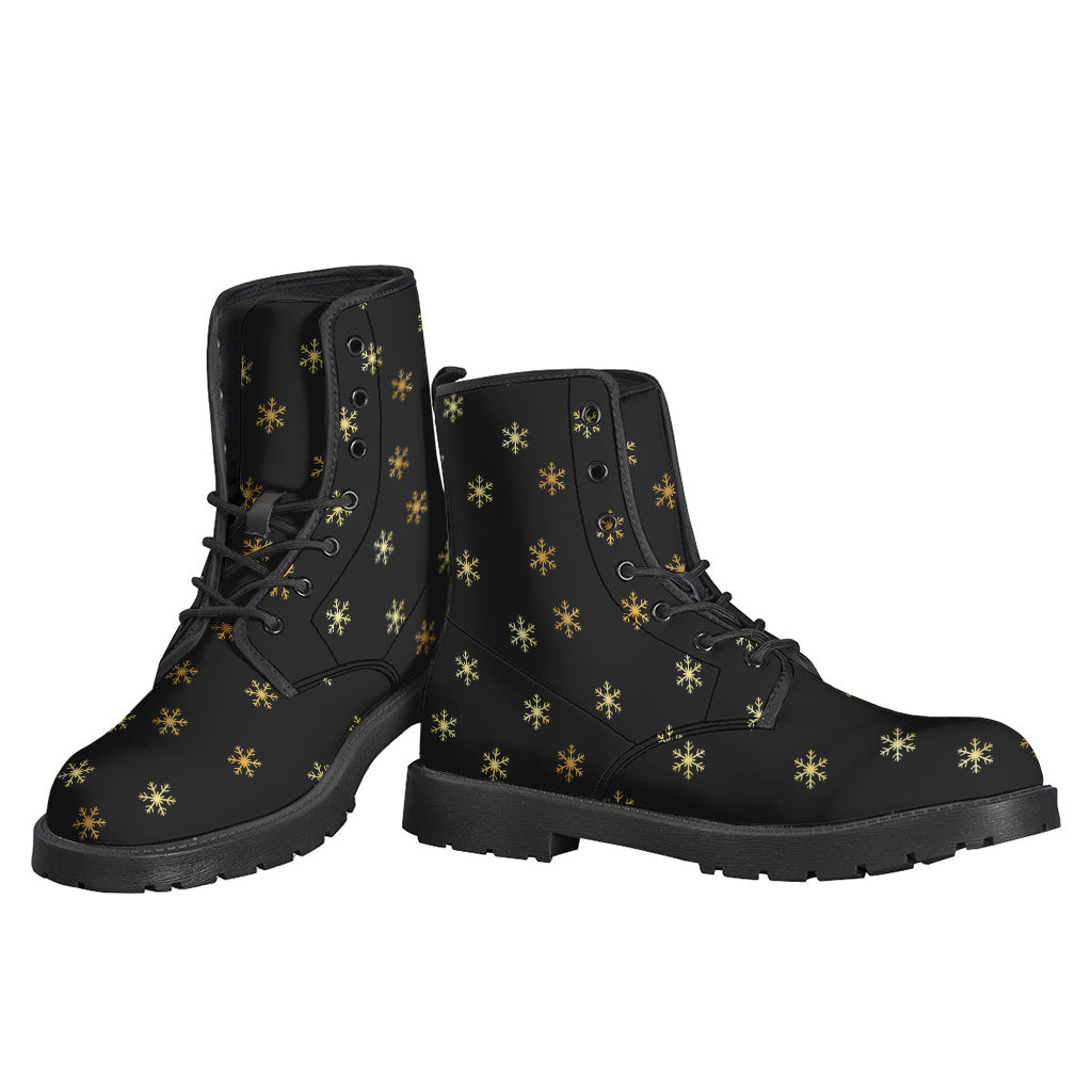 Groovy Black and Gold Snowflake Pattern Leather Boots for the Modern Hippie - 3