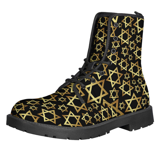 Groovy Black and Gold Star of David Leather Lightweight Boots for Hippies - 1