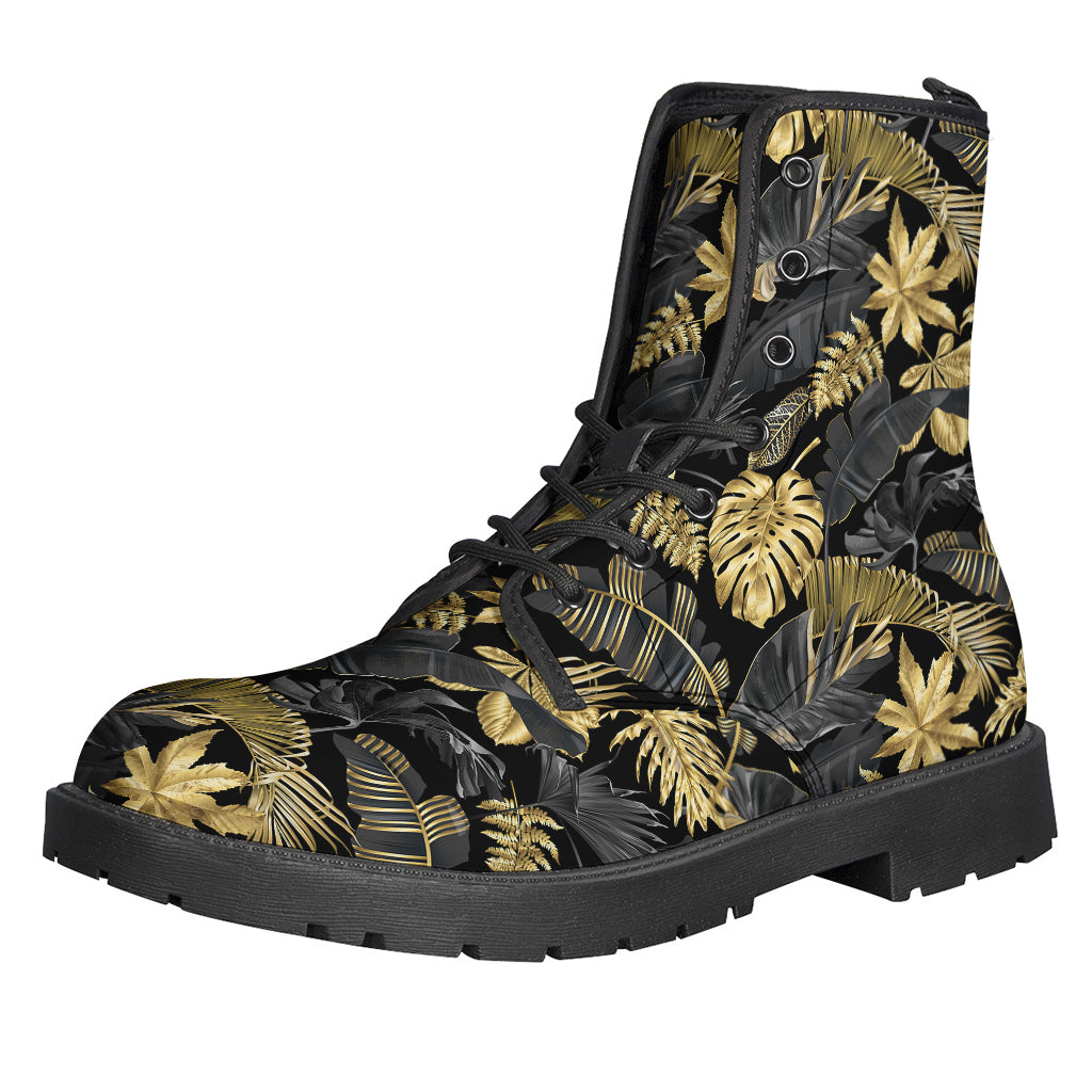 Black and Gold Tropical Pattern Leather Lightweight Boots for Free-Spirited Hippies - 1