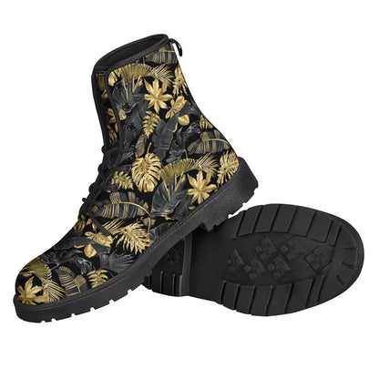 Black and Gold Tropical Pattern Leather Lightweight Boots for Free-Spirited Hippies - 2