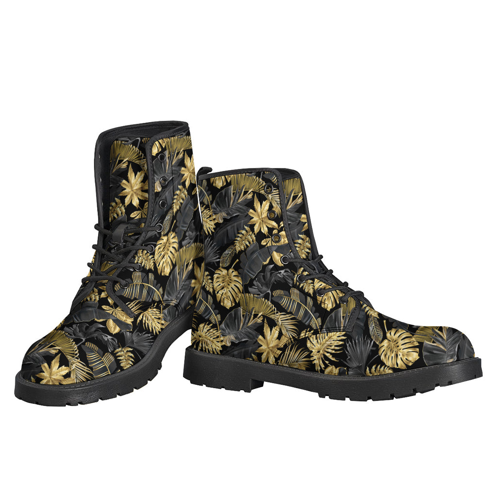 Black and Gold Tropical Pattern Leather Lightweight Boots for Free-Spirited Hippies - 3