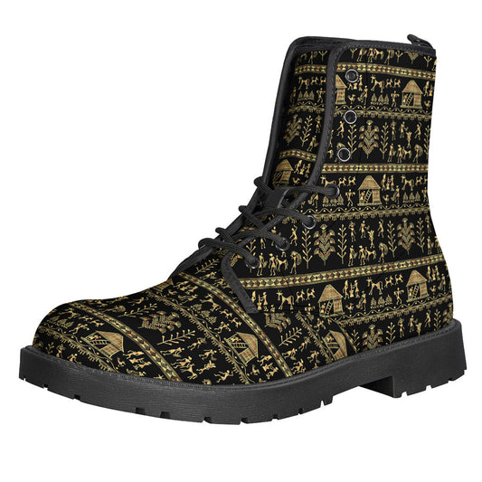 Warli Pattern Leather Boots: A Stylish Choice for Modern Hippies - 1