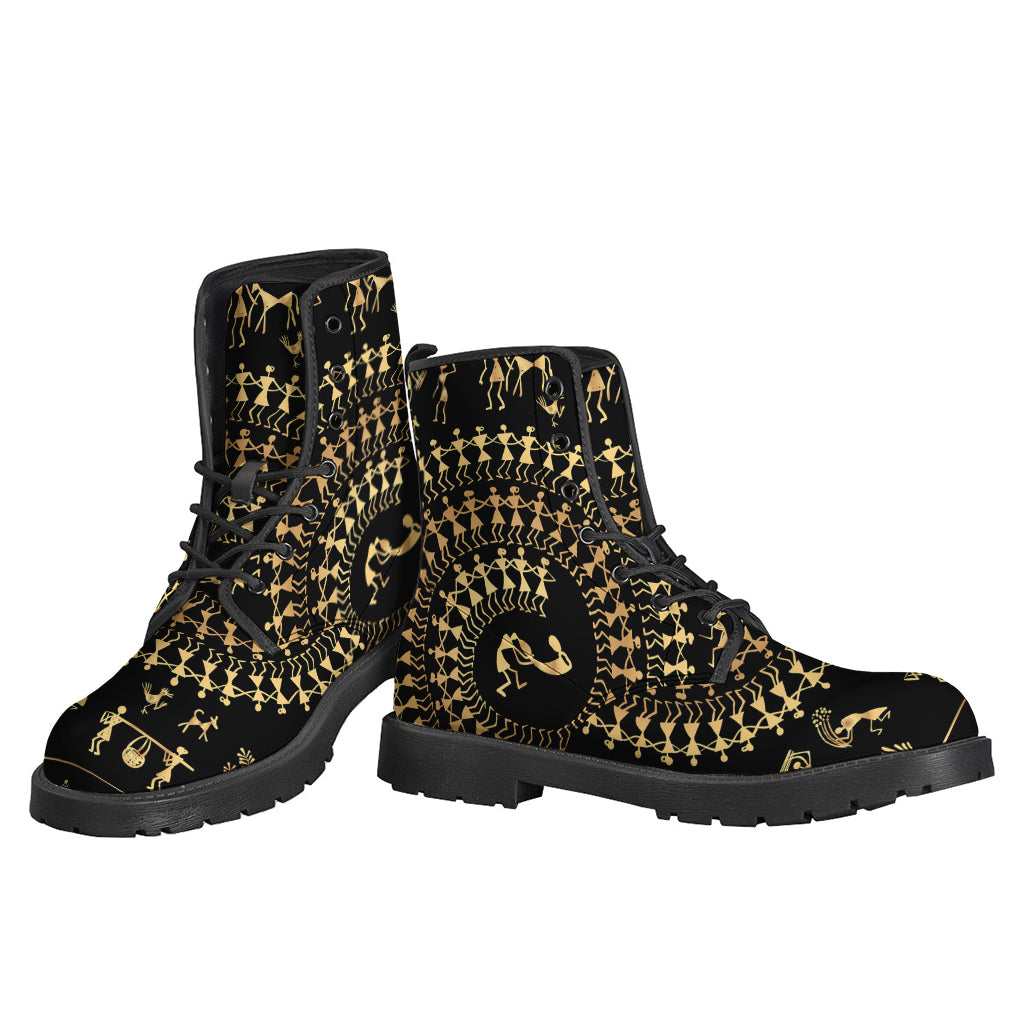 Warli Tribal Print Leather Boots for Stylish Hippies - 3