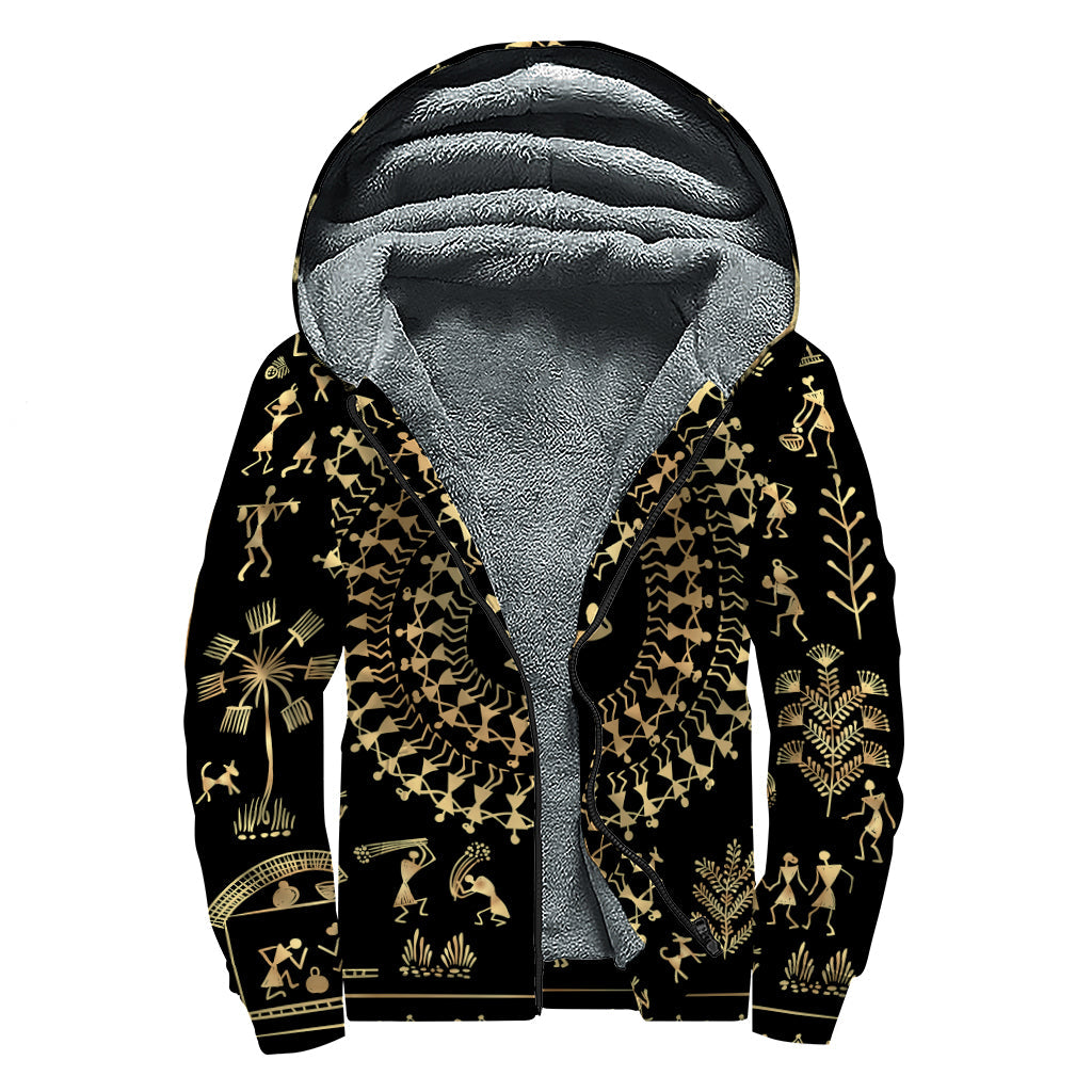 Black and Gold Warli Tribal Print Sherpa-Lined Zip Up Hoodie - Groovy Hippie Style - 1