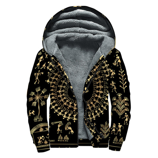 Black and Gold Warli Tribal Print Sherpa-Lined Zip Up Hoodie - Groovy Hippie Style - 1