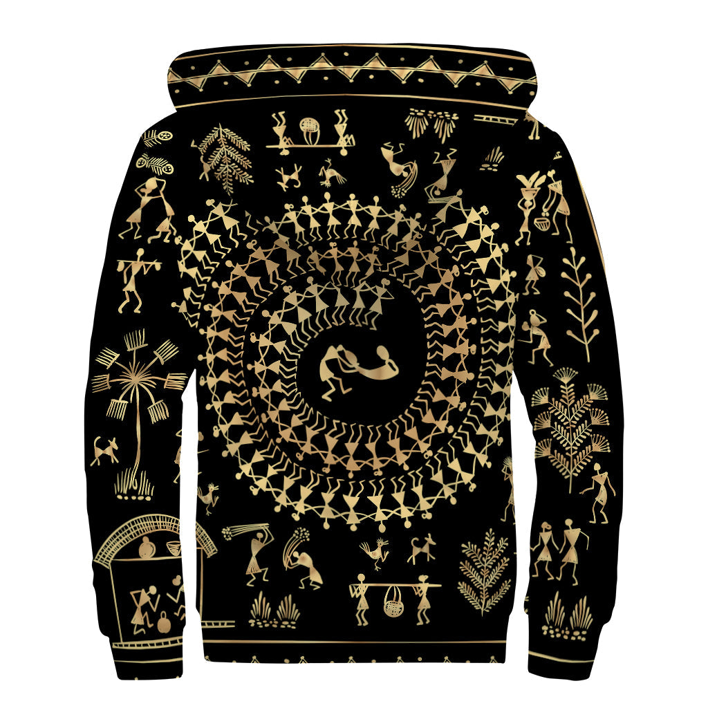 Black and Gold Warli Tribal Print Sherpa-Lined Zip Up Hoodie - Groovy Hippie Style - 2