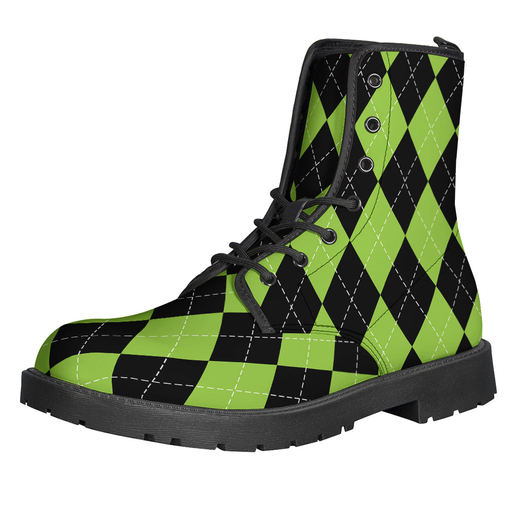 Groovy Green & Black Argyle Leather Lightweight Boots for Modern Hippies - 1