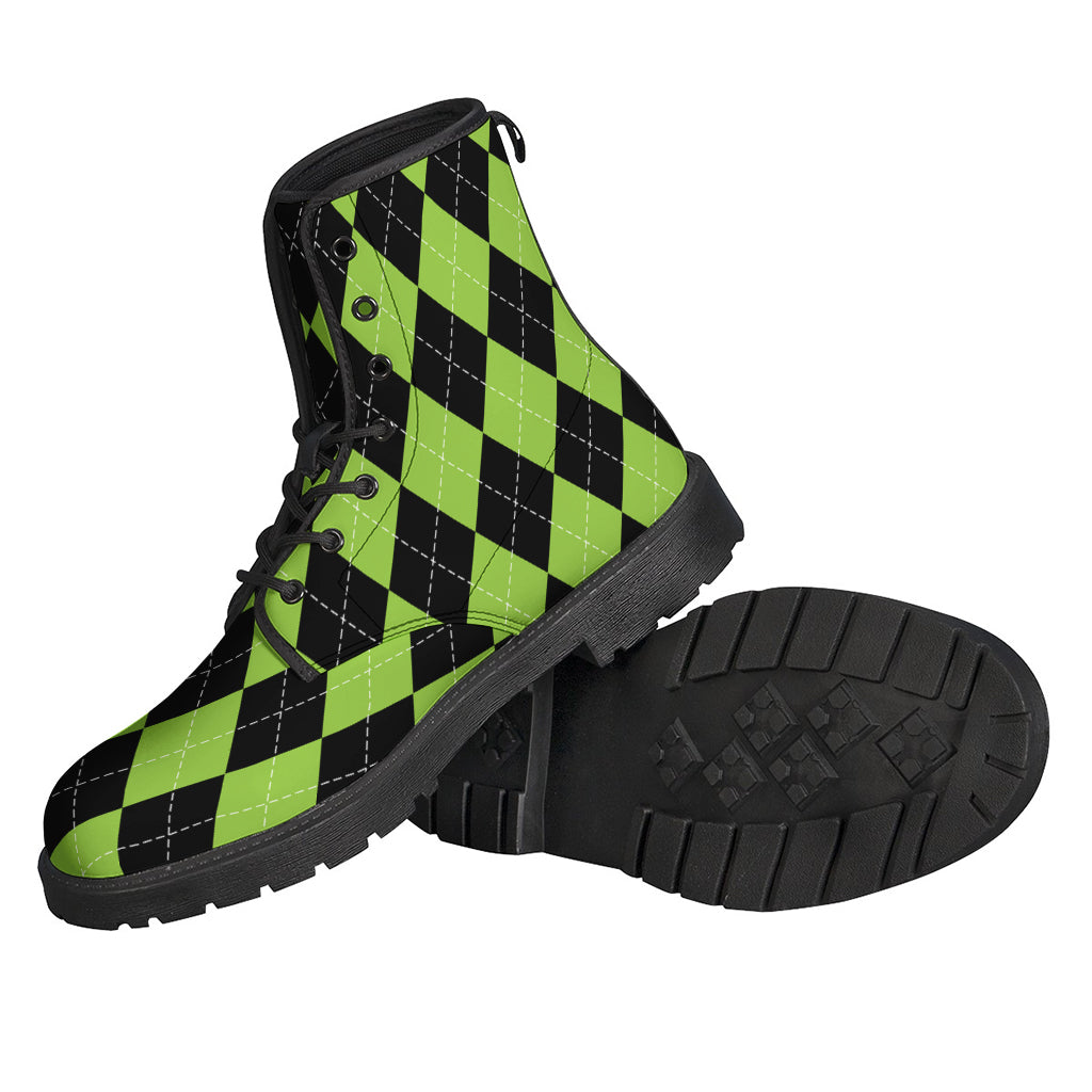 Groovy Green & Black Argyle Leather Lightweight Boots for Modern Hippies - 2