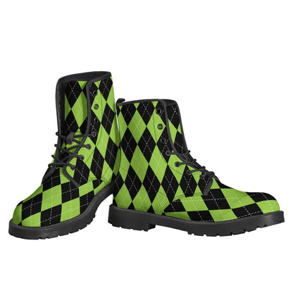 Groovy Green & Black Argyle Leather Lightweight Boots for Modern Hippies - 3