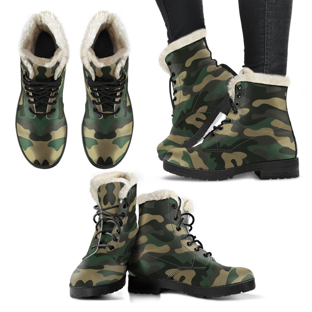 Black and Green Camouflage Faux Fur Leather Boots for the Ultimate Hippie Style - 2