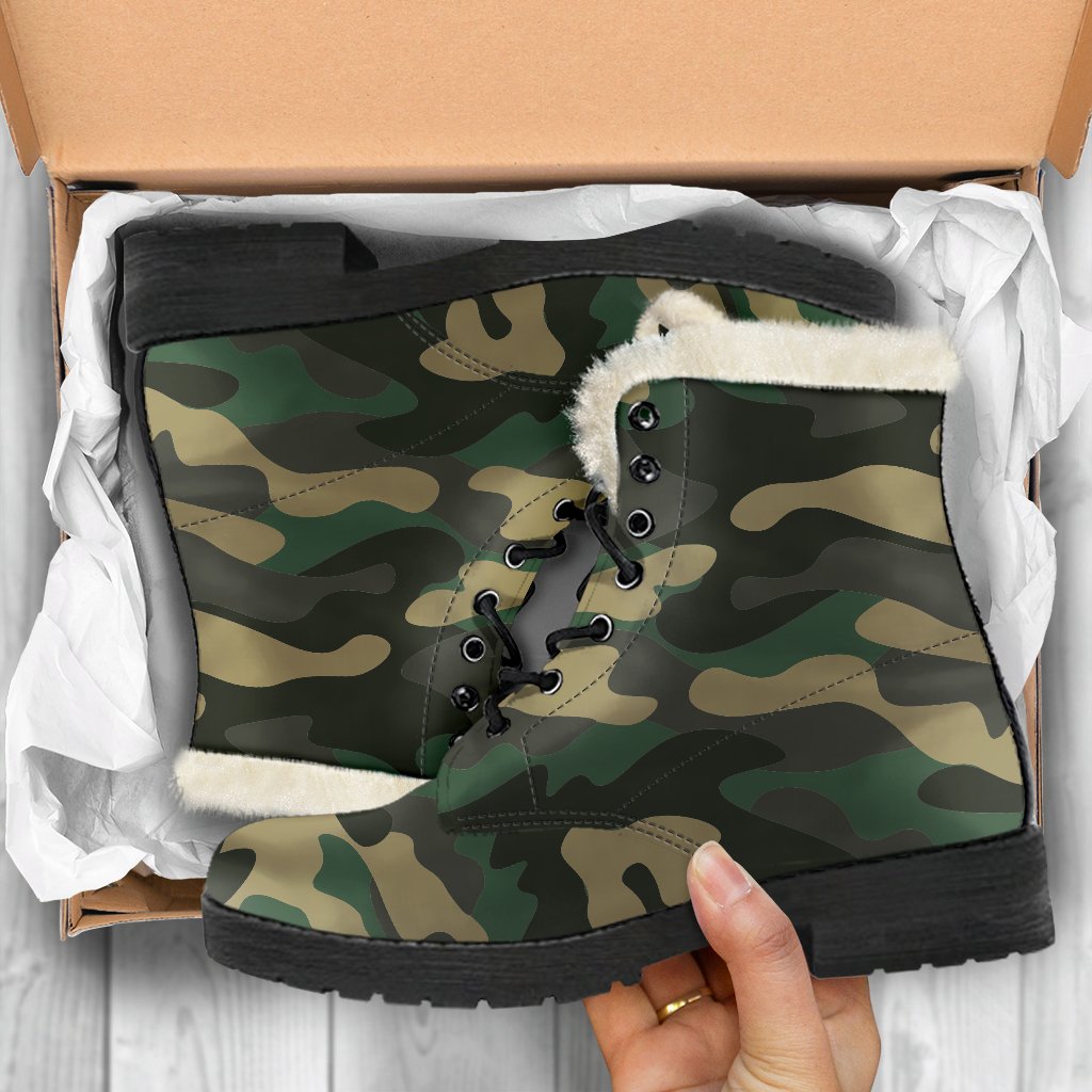 Black and Green Camouflage Faux Fur Leather Boots for the Ultimate Hippie Style - 5