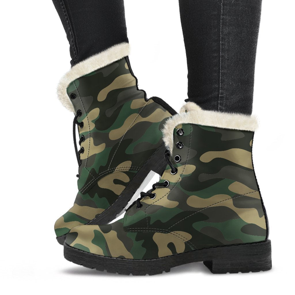 Black and Green Camouflage Faux Fur Leather Boots for the Ultimate Hippie Style - 1