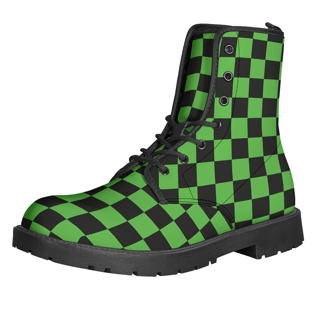 Groovy Vibes: Black and Green Checkered Print Leather Boots for Modern Hippies - 1