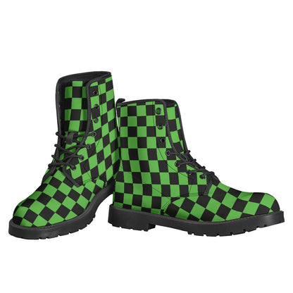 Groovy Vibes: Black and Green Checkered Print Leather Boots for Modern Hippies - 3