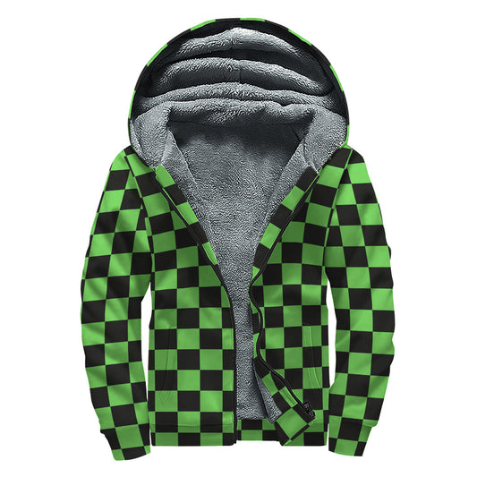 Black and Green Checkered Print Sherpa Lined Zip Up Hoodie: A Hippie's Dream - 1