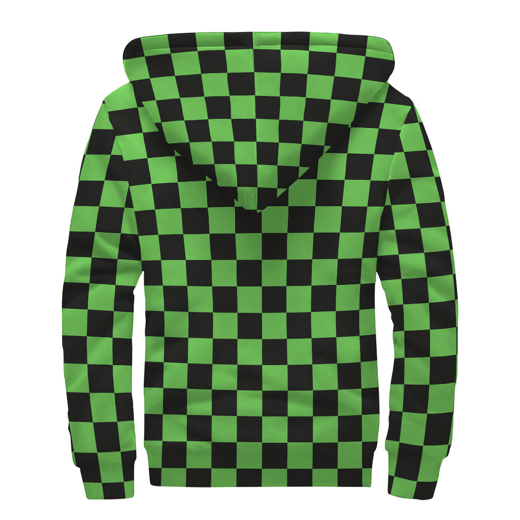 Black and Green Checkered Print Sherpa Lined Zip Up Hoodie: A Hippie's Dream - 2