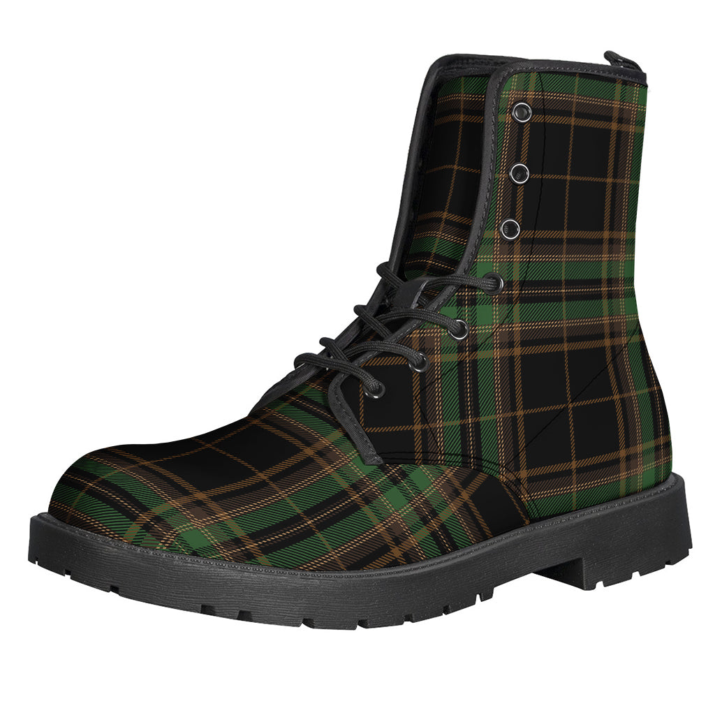 Stylish and Sustainable: Black and Green Stewart Tartan Print Leather Boots for Hippies - 1