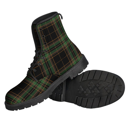 Stylish and Sustainable: Black and Green Stewart Tartan Print Leather Boots for Hippies - 2