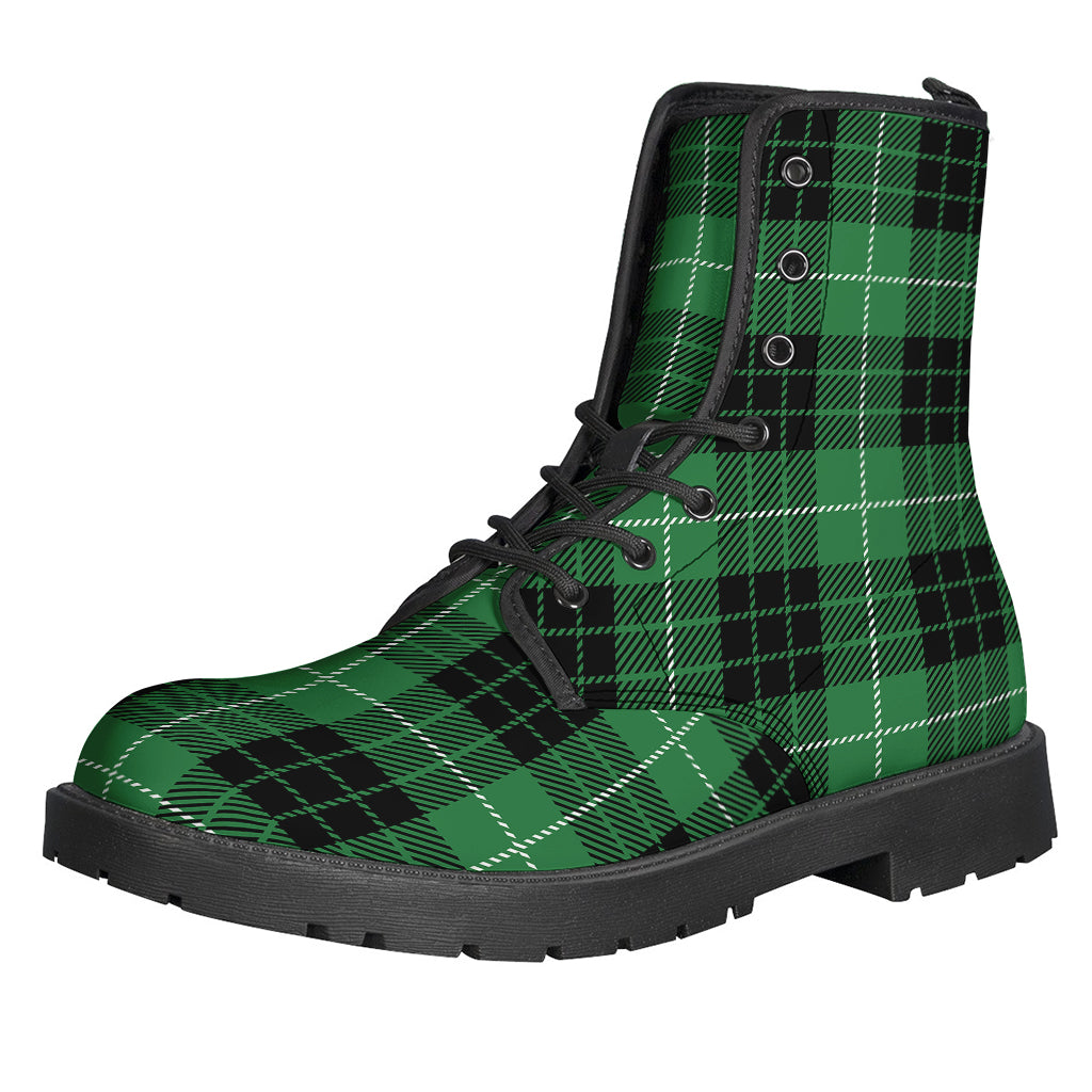 Groovy Black and Green Tartan Pattern Leather Boots for Stylish Hippies - 1